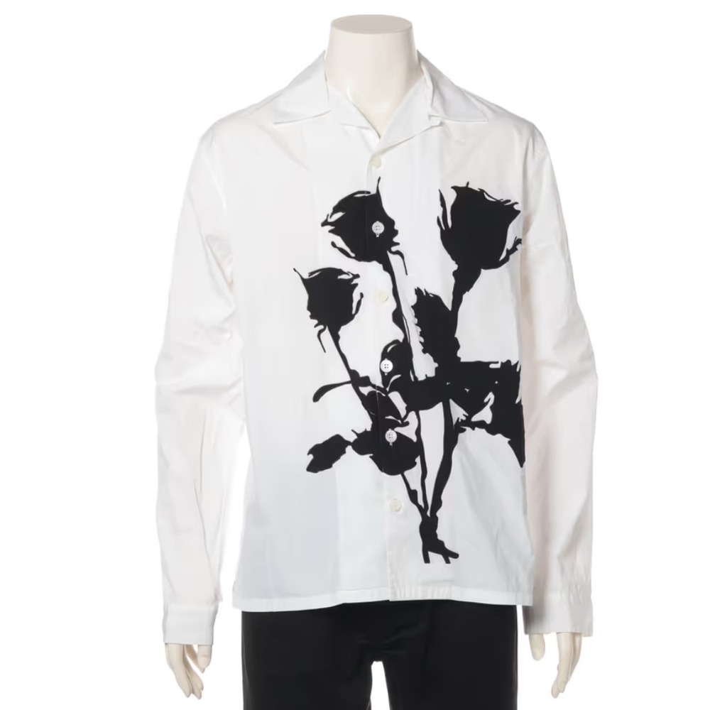 Prada Mens White Black Rose Graphic Poplin Button Down Shirt Triangle Logo XXL
